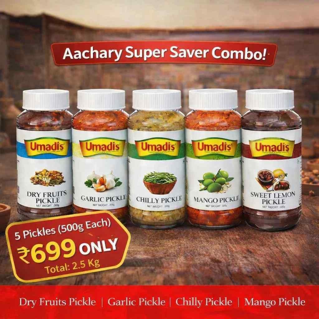 Umadi Aachary Super Saver Combo Pickle Pack of 5 (500g Each) | Dry Fruits, Garlic, Chilly, Mango & Sweet Lemon Pickle | Authentic Indian Homemade Aachar | Total 2.5 Kg ( Shipping Included )