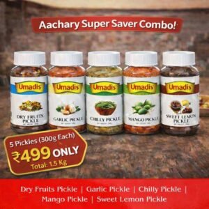 Umadi Aachary Super Saver Combo Pickle Pack of 5 (300 Each) | Dry Fruits, Garlic, Chilly, Mango & Sweet Lemon Pickle | Authentic Indian Homemade Aachar | Total 1.5 Kg ( Shipping Included )