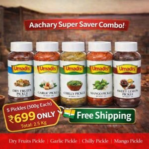 Umadi Aachary Super Saver Combo Pickle Pack of 5 (500g Each) | Dry Fruits, Garlic, Chilly, Mango & Sweet Lemon Pickle | Authentic Indian Homemade Aachar | Total 2.5 Kg