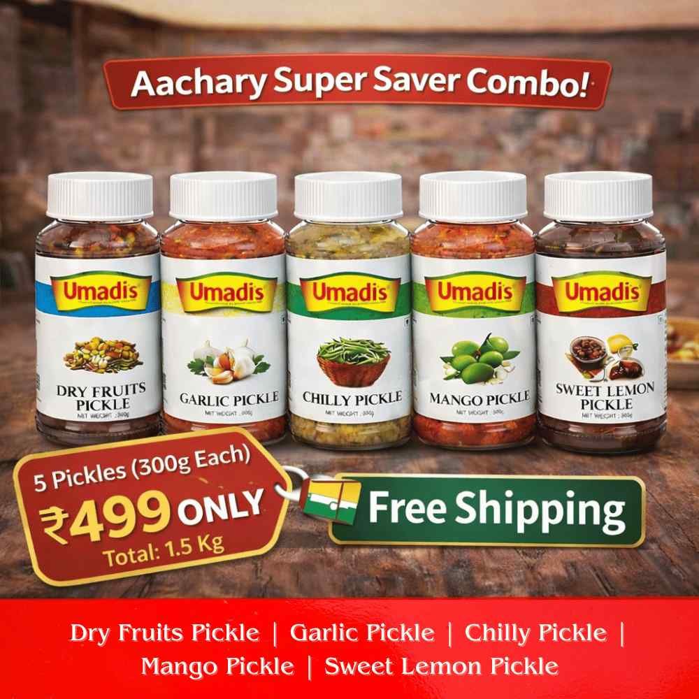 Umadi Aachary Super Saver Combo Pickle Pack of 5 (300 Each) | Dry Fruits, Garlic, Chilly, Mango & Sweet Lemon Pickle | Authentic Indian Homemade Aachar | Total 1.5 Kg