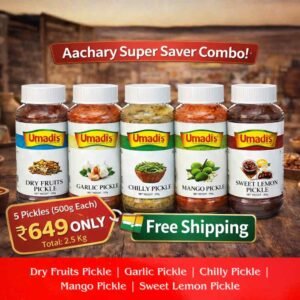 Umadi Aachary Super Saver Combo Pickle Pack of 5 (500g Each) | Dry Fruits, Garlic, Chilly, Mango & Sweet Lemon Pickle | Authentic Indian Homemade Aachar | Total 2.5 Kg