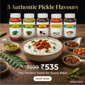 Umadi Pickle Combo Pack of 5 (300g Each) | Amla, Mango, Sweet Lemon, Garlic & Dry Fruits Pickle | Authentic Homemade Indian Pickles | Total 1.5 Kg | Shipping Included