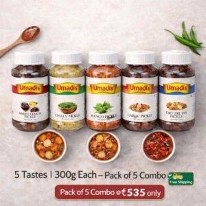 Umadi Pickle Combo Pack of 5 (300g Each) | Chilli, Mango, Sweet Lemon, Garlic & Dry Fruits Pickle | Authentic Homemade Indian Pickles | Total 1.5 Kg | Shipping Included