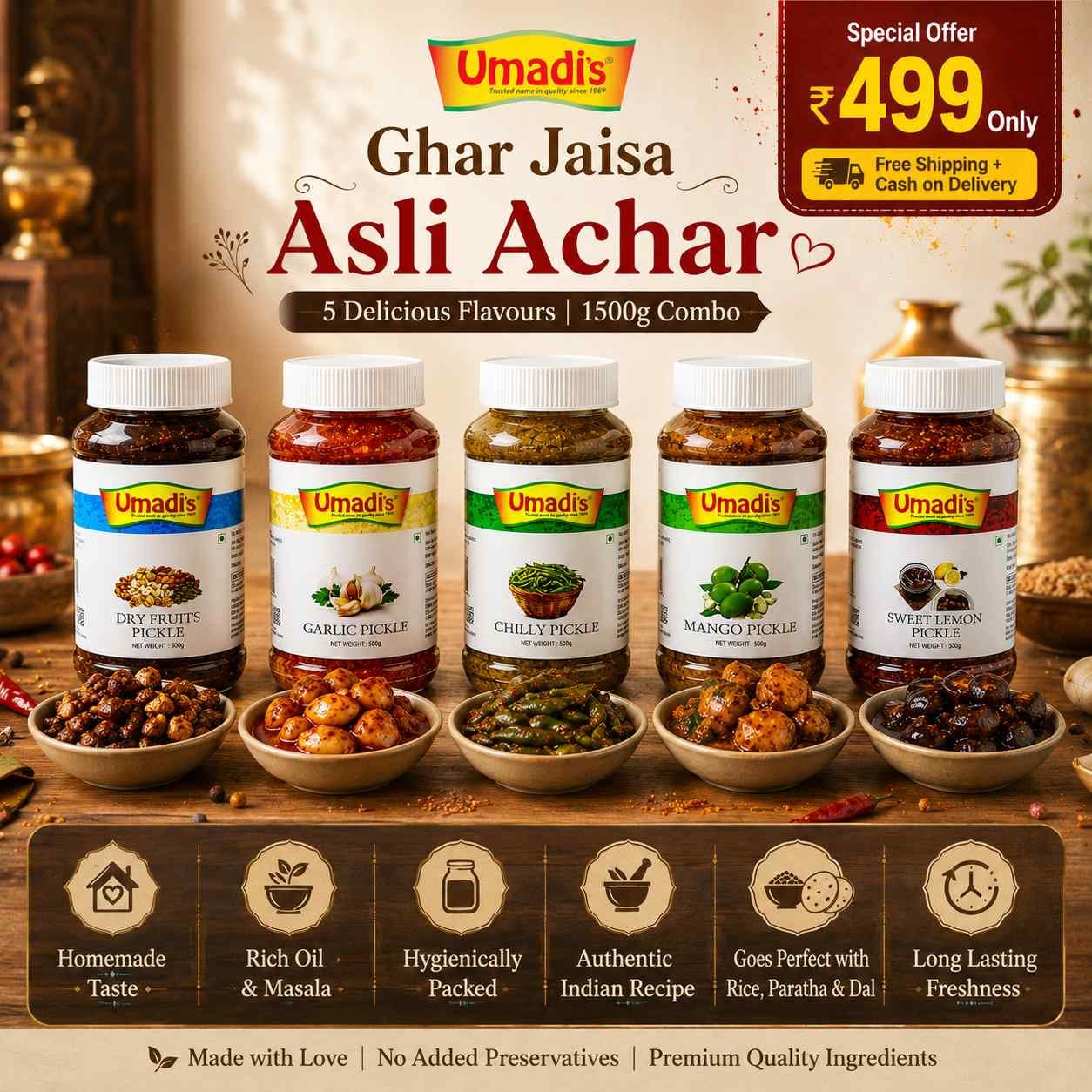 Umadi Pickle Combo Pack of 5 (300g Each) | Chilli, Mango, Sweet Lemon, Garlic & Dry Fruits Pickle | Authentic Homemade Indian Pickles | Total 1.5 Kg | Shipping Included - Image 2
