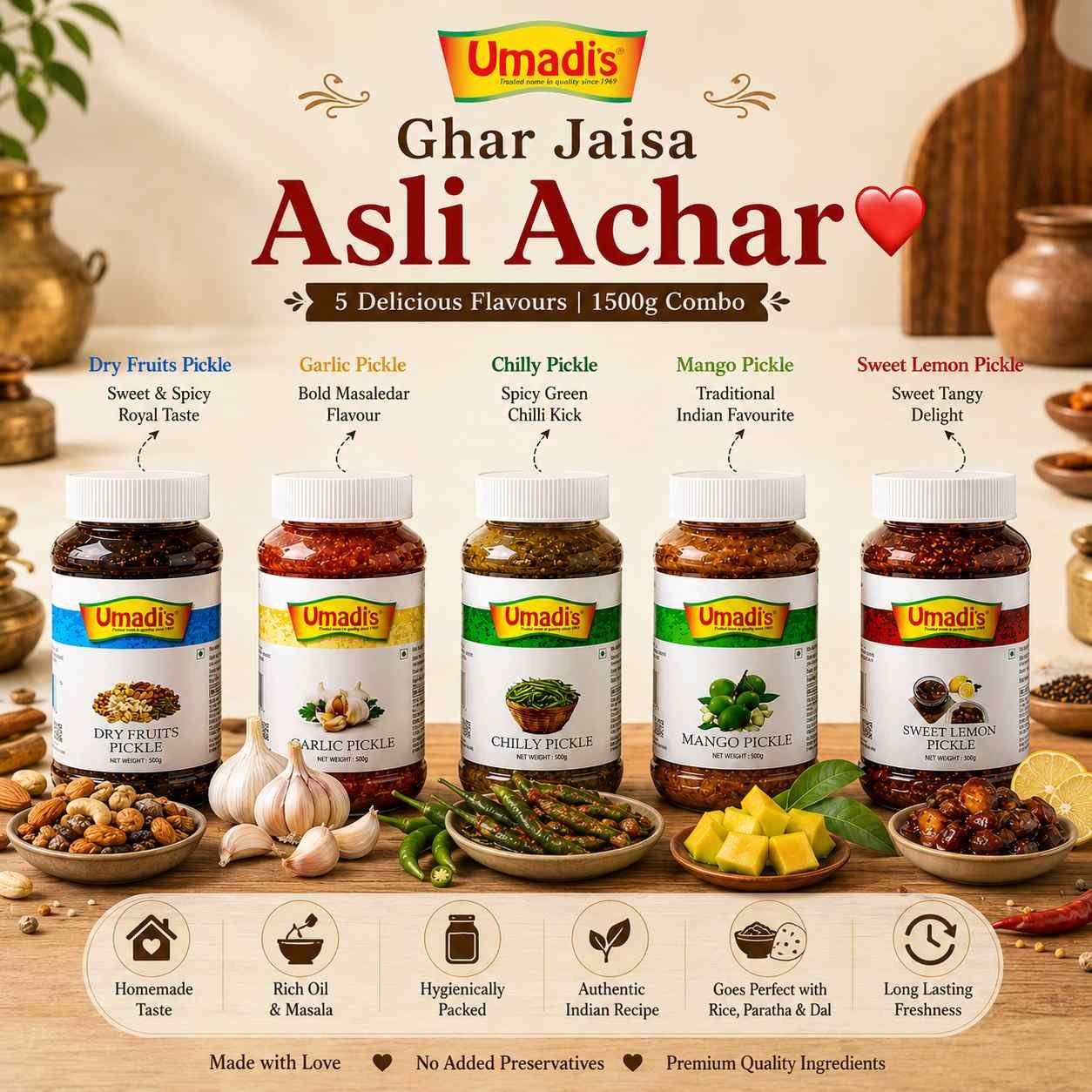 Umadi Pickle Combo Pack of 5 (300g Each) | Chilli, Mango, Sweet Lemon, Garlic & Dry Fruits Pickle | Authentic Homemade Indian Pickles | Total 1.5 Kg | Shipping Included - Image 3