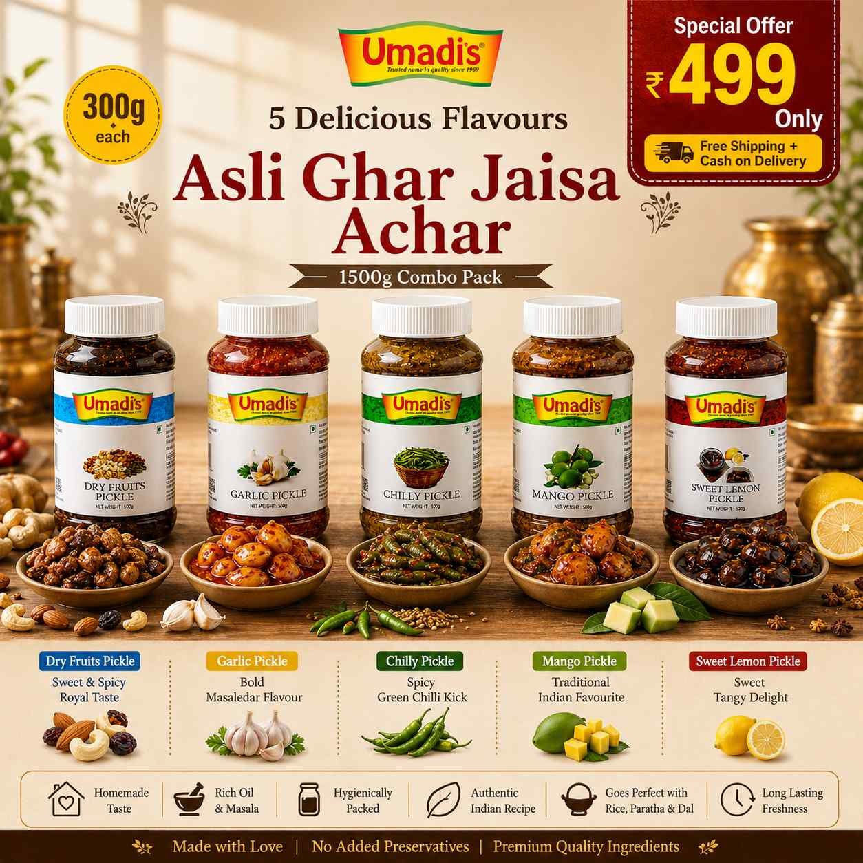 Umadi Pickle Combo Pack of 5 (300g Each) | Chilli, Mango, Sweet Lemon, Garlic & Dry Fruits Pickle | Authentic Homemade Indian Pickles | Total 1.5 Kg | Shipping Included - Image 4