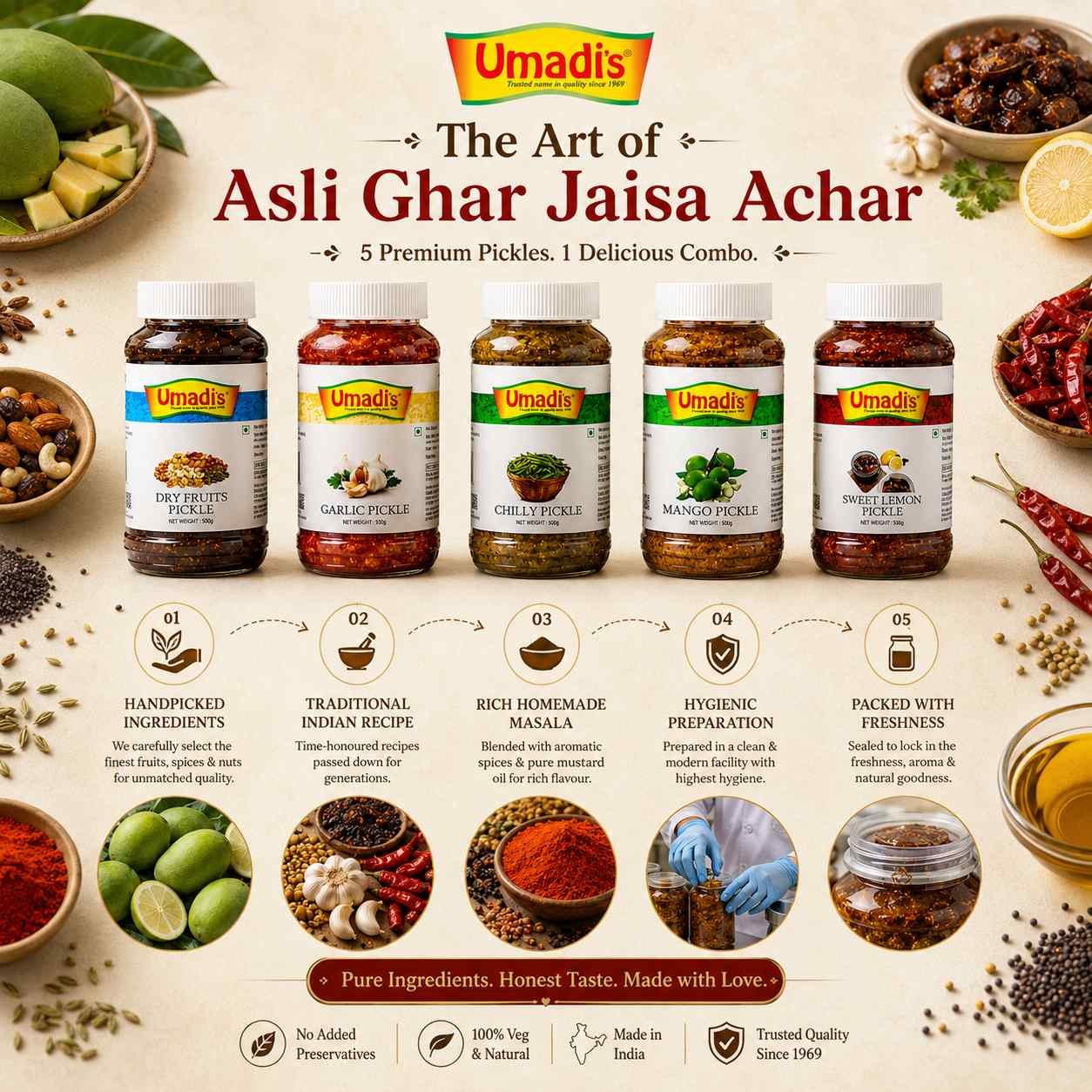 Umadi Pickle Combo Pack of 5 (300g Each) | Chilli, Mango, Sweet Lemon, Garlic & Dry Fruits Pickle | Authentic Homemade Indian Pickles | Total 1.5 Kg | Shipping Included - Image 6