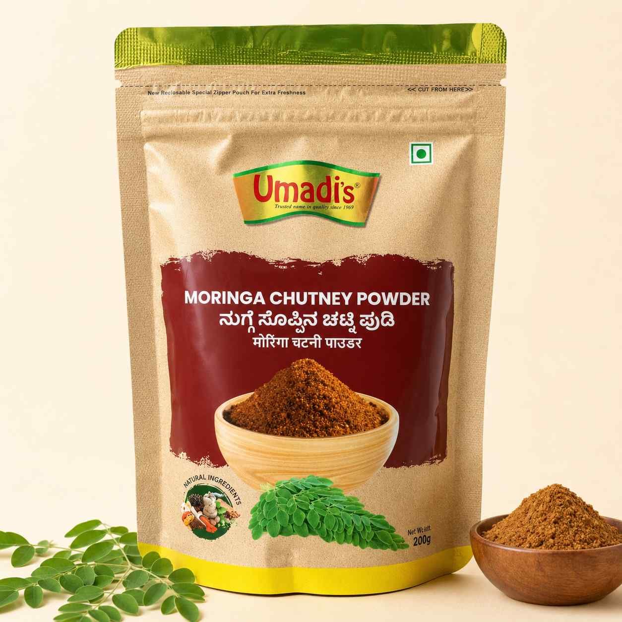 Umadi’s Moringa Chutney Powder – Flavourful Ready-to-Serve Meal Accompaniment | Resealable Pouch, 200 g
