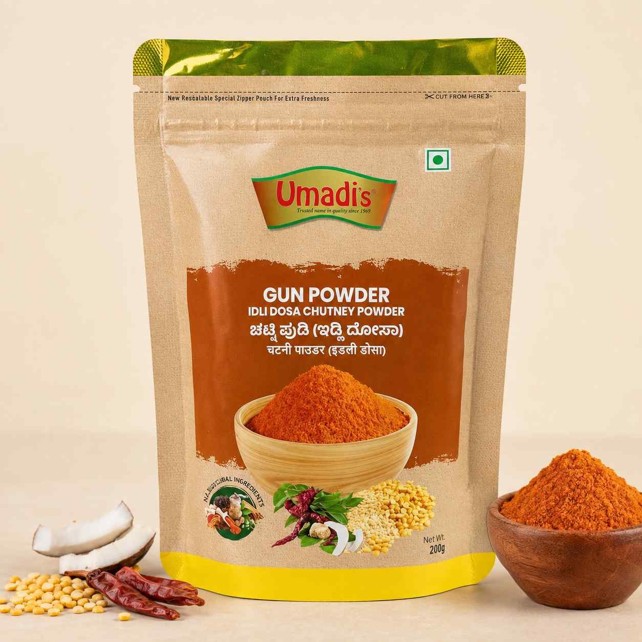 Umadi’s Gun Powder – Traditional Idli Dosa Chutney Powder | Spicy South Indian Dry Chutney, 200 g