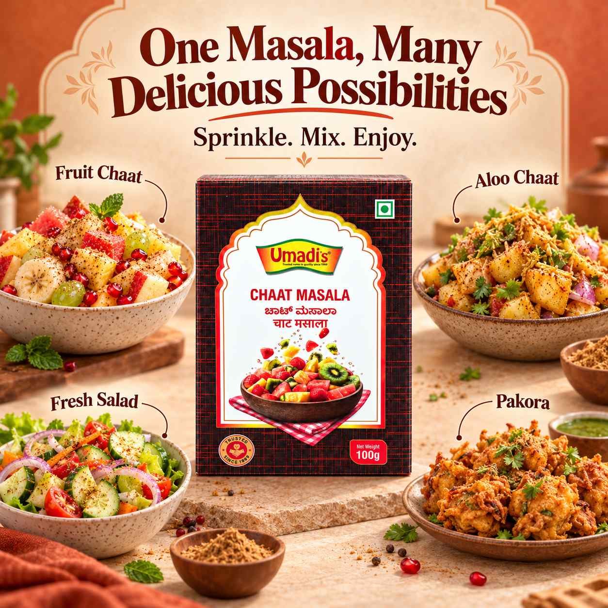Umadi’s Chaat Masala – Tangy & Flavourful Indian Spice Blend for Fruit Chaat, Aloo Chaat, Salads & Snacks | Vegetarian - Image 3