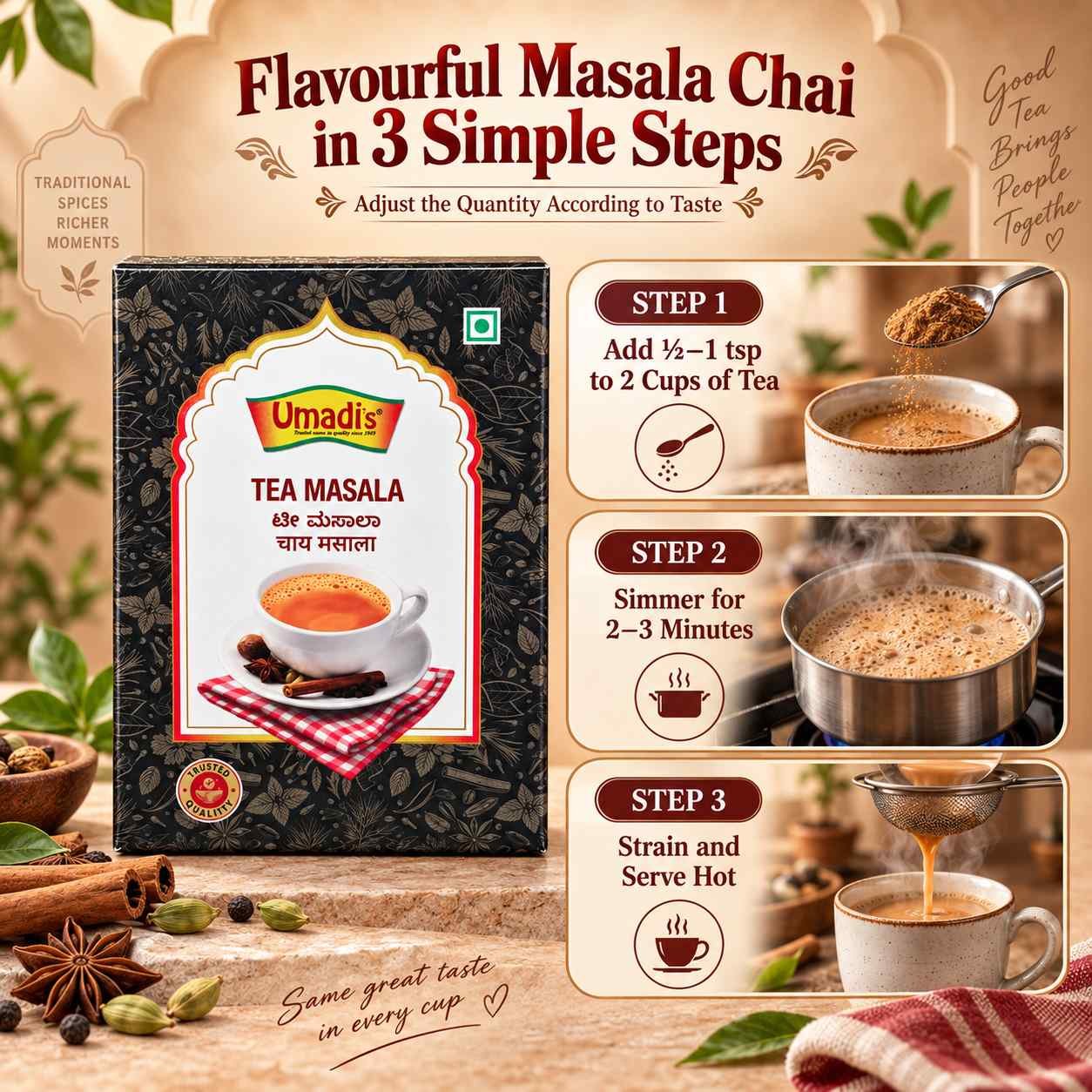 Umadi’s Tea Masala – Aromatic Indian Spice Blend for Chai | No Artificial Colours or Added Preservatives | Vegetarian - Image 3